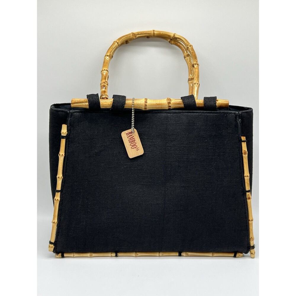 Bamboo54 Black Tote Handbag Purse Linen Beach Island Boho Style bamboo Handle